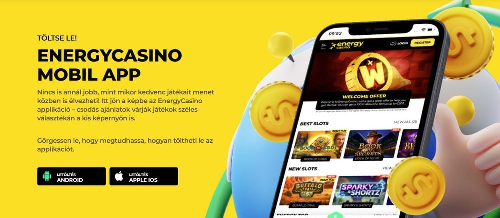 Banner az Energy Casino mobilalkalmazással kapcsolatos információkkal
