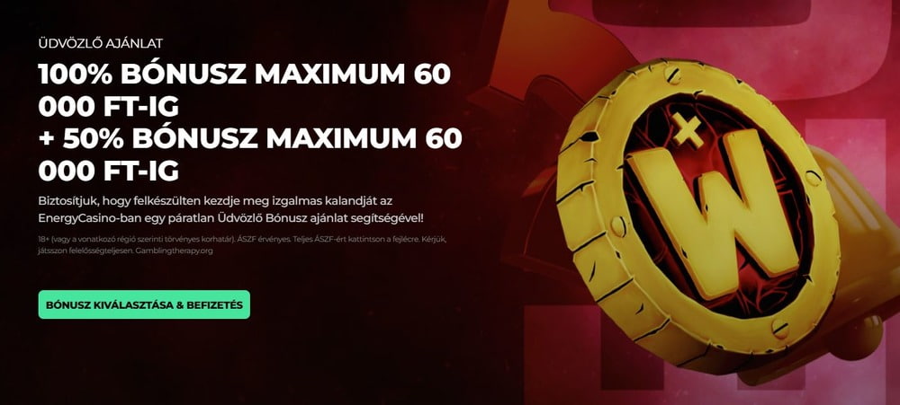 Banner az Energy Casino üdvözlő bónuszával kapcsolatos információkkal
